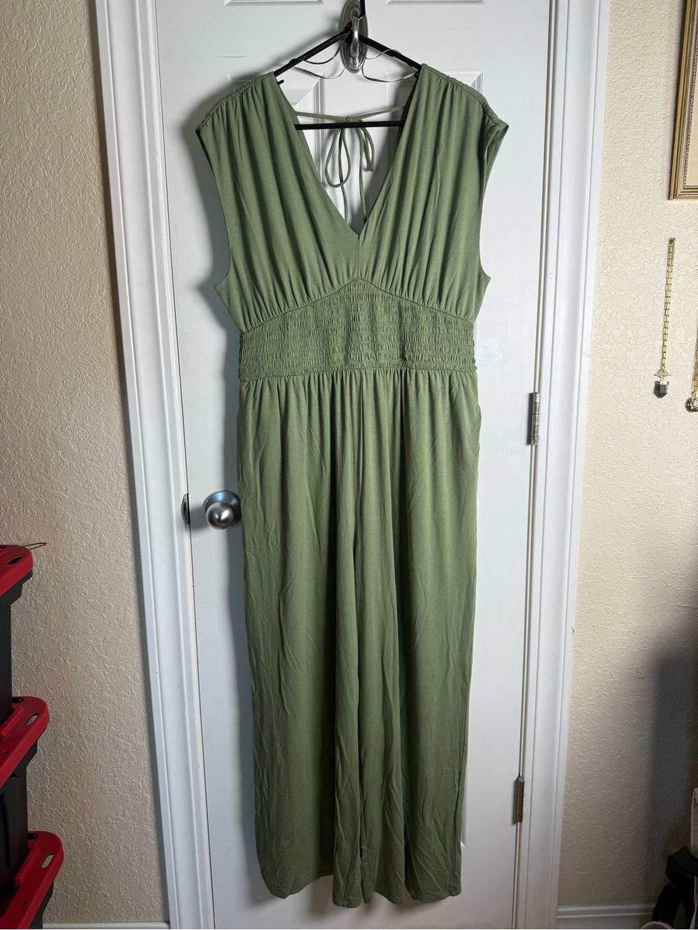 Old Navy Olive Green V-Neck Jumpsuit with Smocked Waist